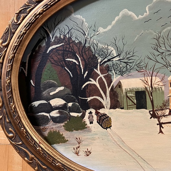 Vintage Winter Scene Oval 18” x 14” Framed original Painting signed - Picture 4 of 12